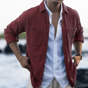 Wine Structured Knit Shirt With Pockets