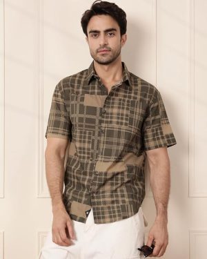 Olive Textured Slim Fit Shirts for Men