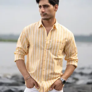 Yellow Cotton Blend Stripe Shirt