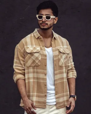 Beige and White Checks Oversize Drop Shoulder Shirt