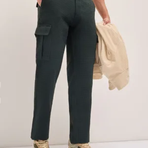 Green Textured Waffle Weave Straight Fit Cargo Pants with Flap Pockets
