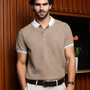 Beige Textured Polo T-Shirt with Contrast Collar