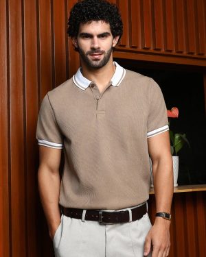 Beige Textured Polo T-Shirt with Contrast Collar