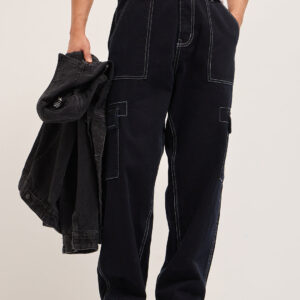 Black Mid-Rise Baggy Fit Cargo Jeans