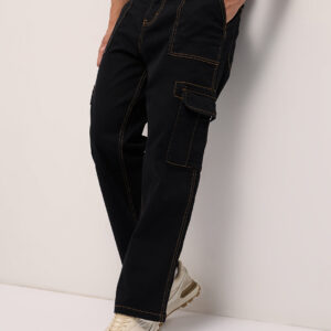 Black Mid-Rise Baggy Fit Cargo Jeans