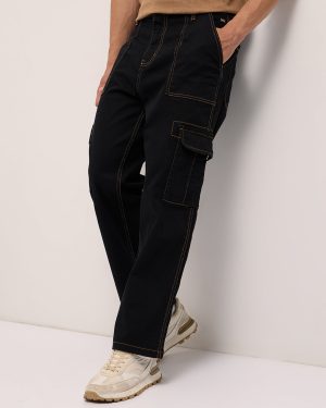 Black Mid-Rise Baggy Fit Cargo Jeans