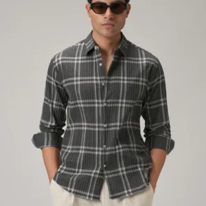 Self Pleat Grey Beige Check Shirt