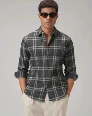 Self Pleat Grey Beige Check Shirt