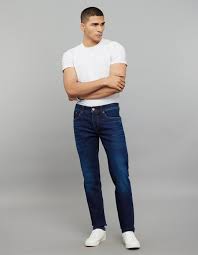 Medium Blue 5 Pocket Mid-Rise Slim Straight Fit Classic Stretch Jeans