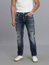 Med Blue 5 Pocket Mid-Rise Slim Straight Fit Jeans