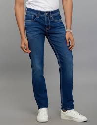 Medium Blue 5 Pocket Mid-Rise Slim Straight Fit Classic Stretch Jeans