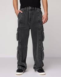 Charcoal Grey Baggy Fit Denim Jeans with Cargo Pockets