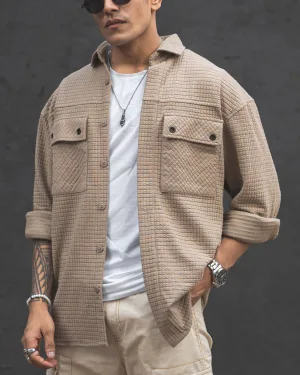 Camel Structured Double Pockets Shacket Oversized Shirt
