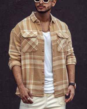 Beige and White Checks Oversize Drop Shoulder Shirt