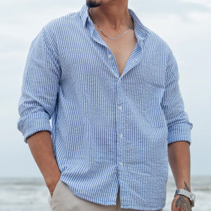 Blue and White Regular fit Striped Full Sleeves Shirt