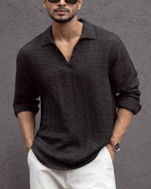 Black Kurta Style Regular Fit Full Sleeves Shirt