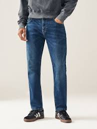 Medium Blue 5 Pocket Mid-Rise Slim Straight Fit Stretch Jeans