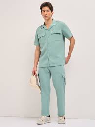 Teal Textured Waffle Weave Straight Fit Cargo Pants with Flap Pockets