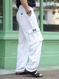 White Textured Waffle Weave Straight Fit Cargo Pants with Flap Pockets