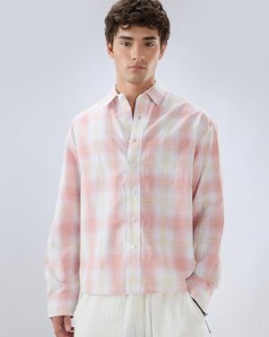 Men's Peach Pink Textured Checked Crop Shirt | Boxy Fit | Premium Cotton | Full Sleeve