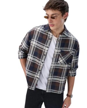 Brown & Navy Plaid Checks Boxy Fit Crop Shirt