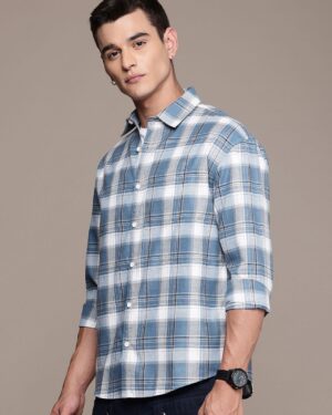 Men's Blue & White Checkered Cotton Casual Shirt | Full Sleeves | Regular Fit