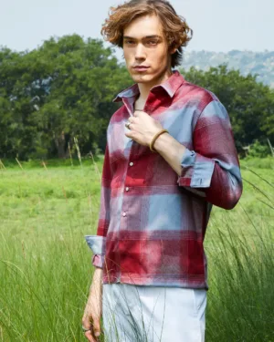 Men's Checkered Casual Red & Light Blue Shirt | Premium Cotton | Full Sleeve | Regular Fit